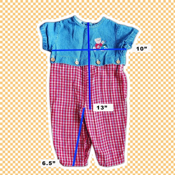 VTG Baby One Piece Outfit Denim Top with Plaid Pants Embroidered Bear Sz 3-6M - Picture 6 of 9